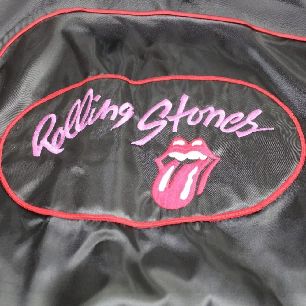 Vintage 80’s Roadie Rolling Stones Bomber Jacket Black Satin Tongue Logo Rocker